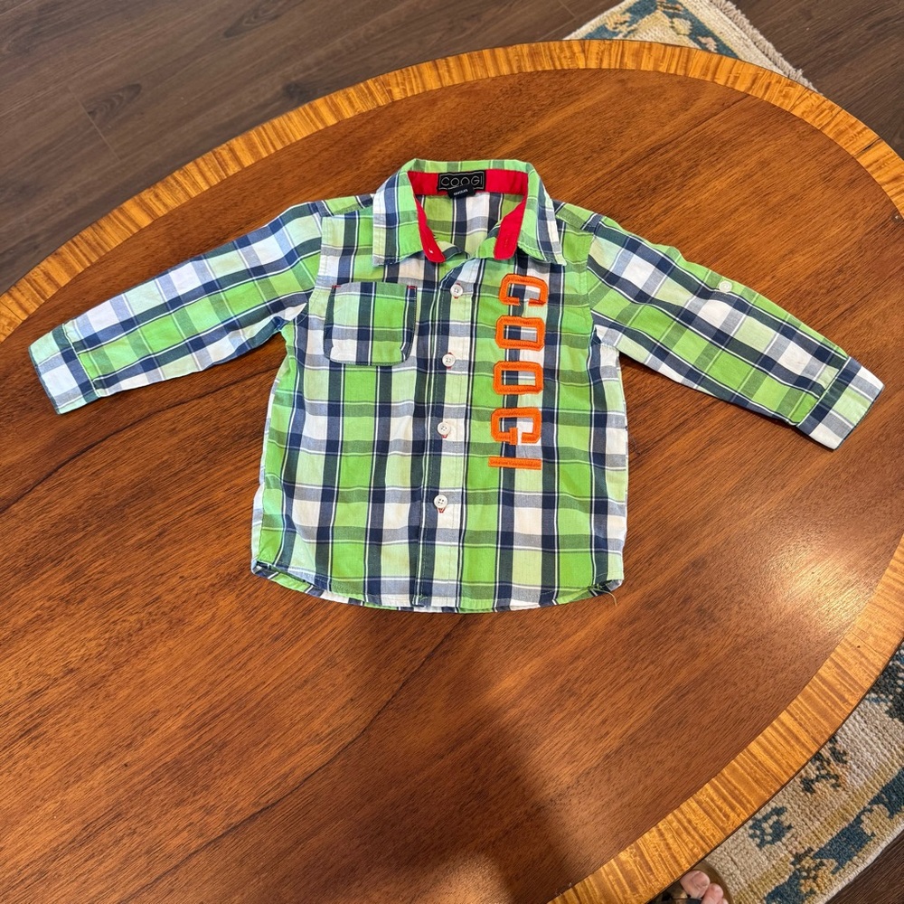 COOGI Embroidered‎ Button Down Shirt Green Blue Plaid Roll Tab Sleeves Size 2T
